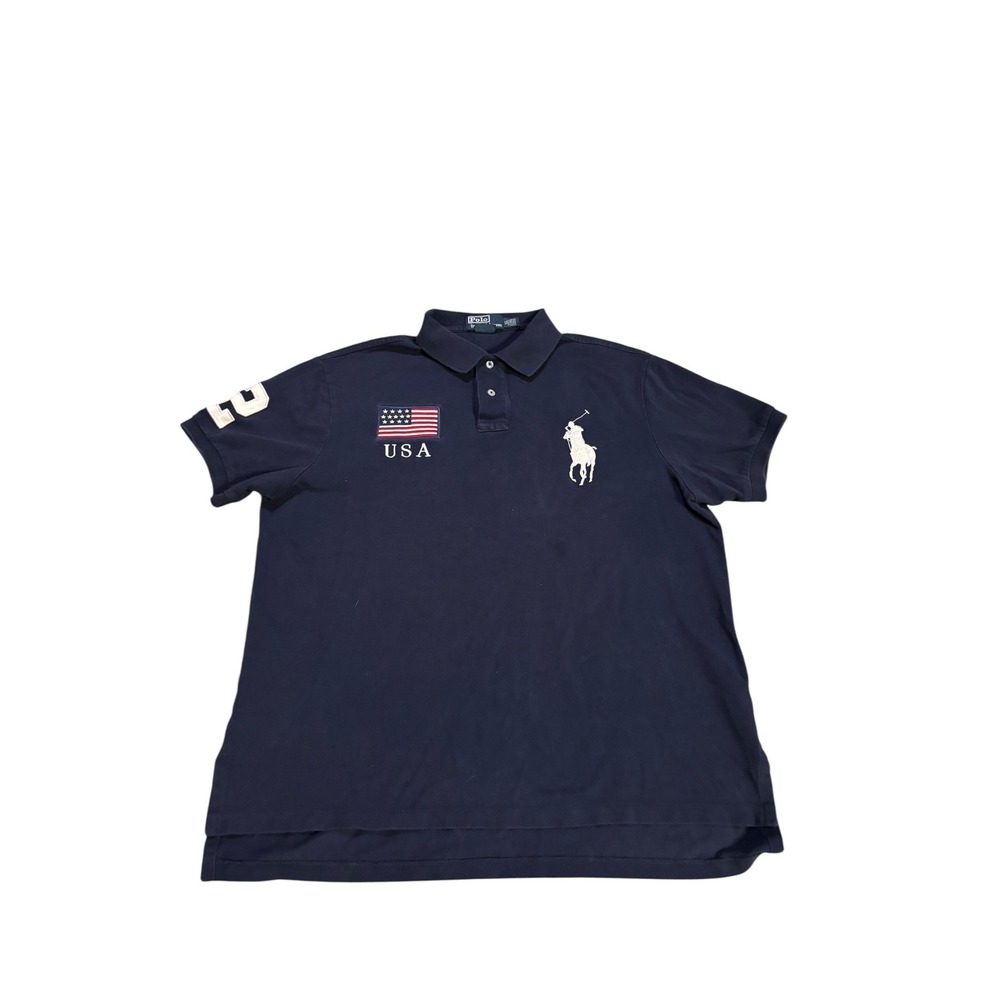 Polo‎ Ralph Lauren Mens XL Navy Blue Big Pony USA Flag Arora 2 Custom Fit Polo